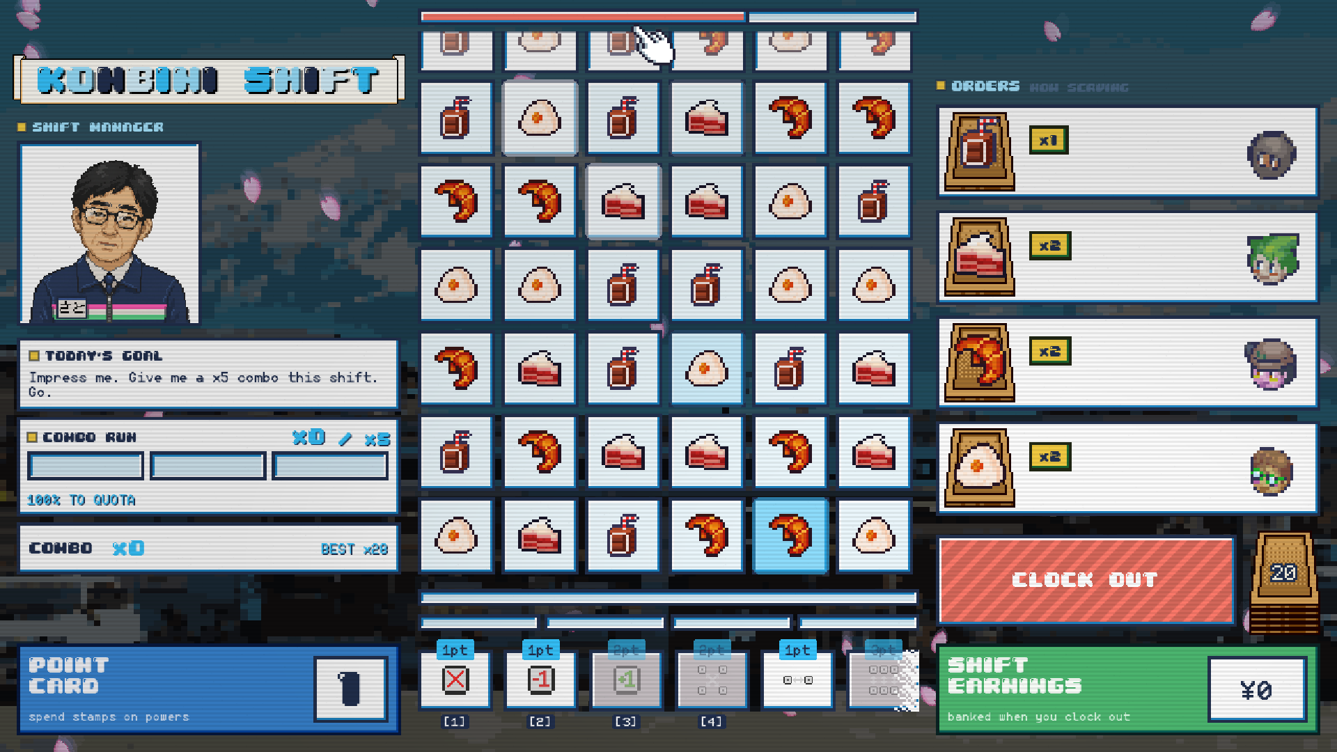 Konbini Shift in-game shift screen